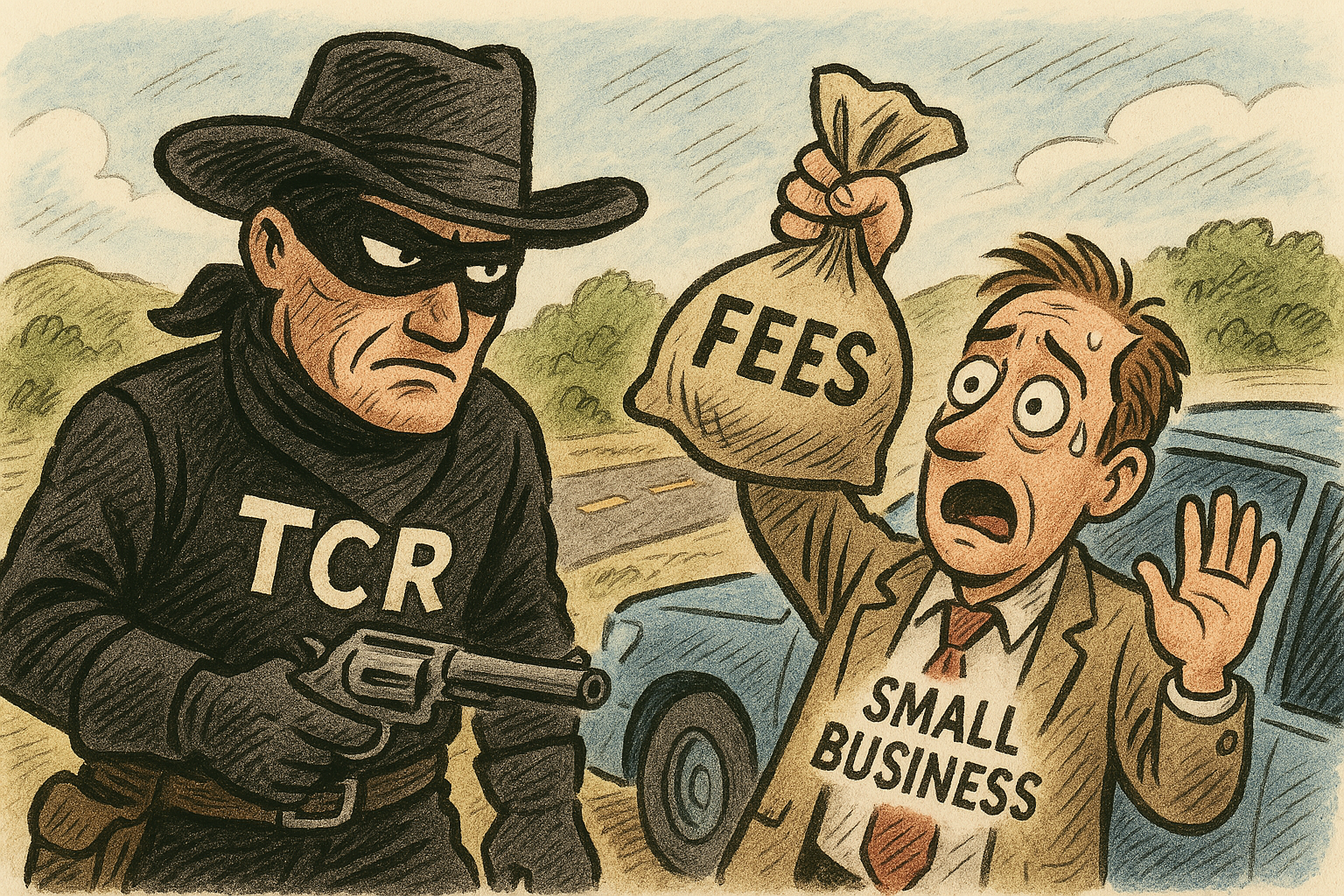 An image of a highway robber with a TCR on his upper clothing robbing a small business person