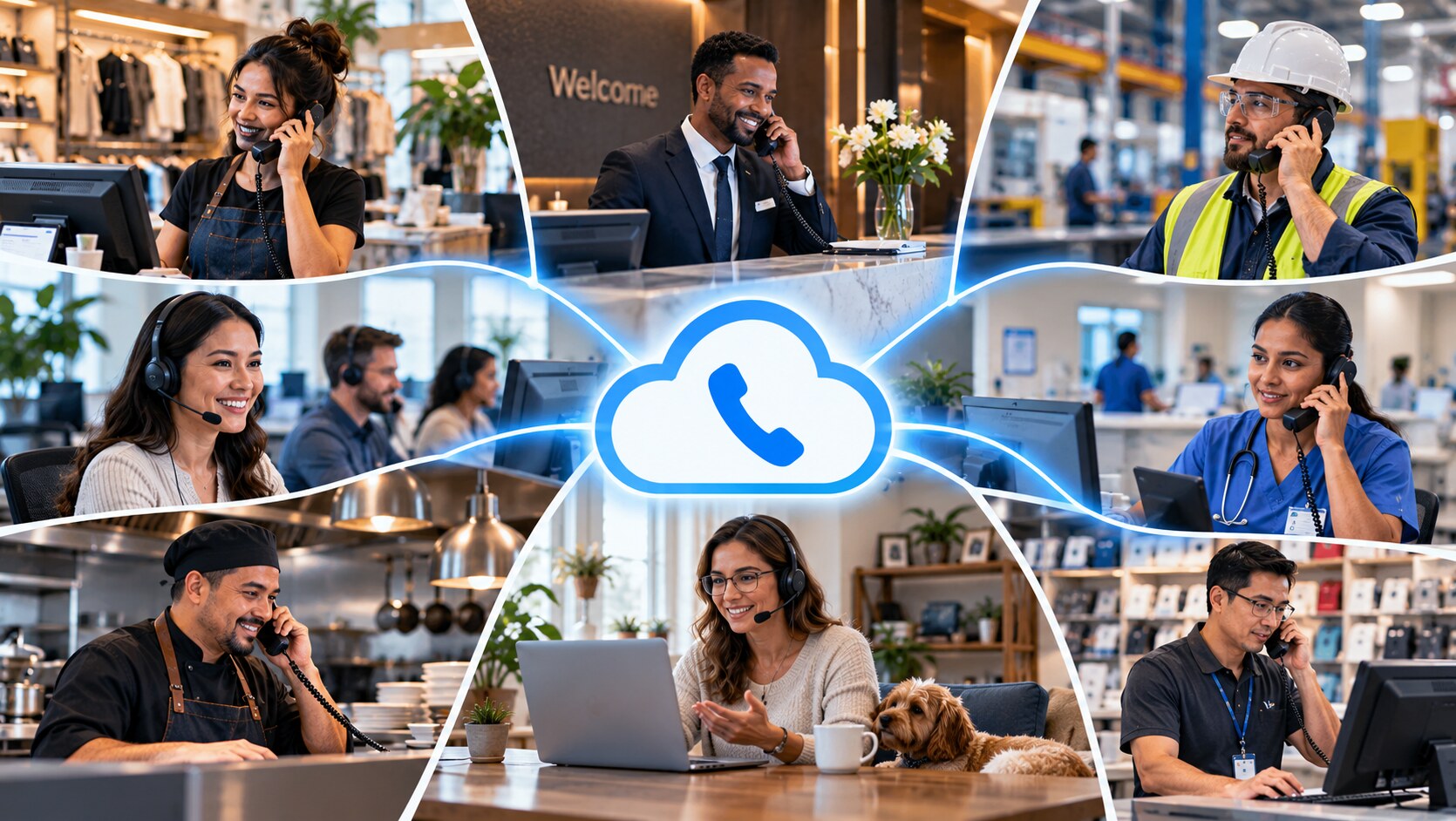 Workplaces of every kind connected to one cloud phone service: retail, hotel, warehouse, call center, healthcare, restaurant, home office and service desk