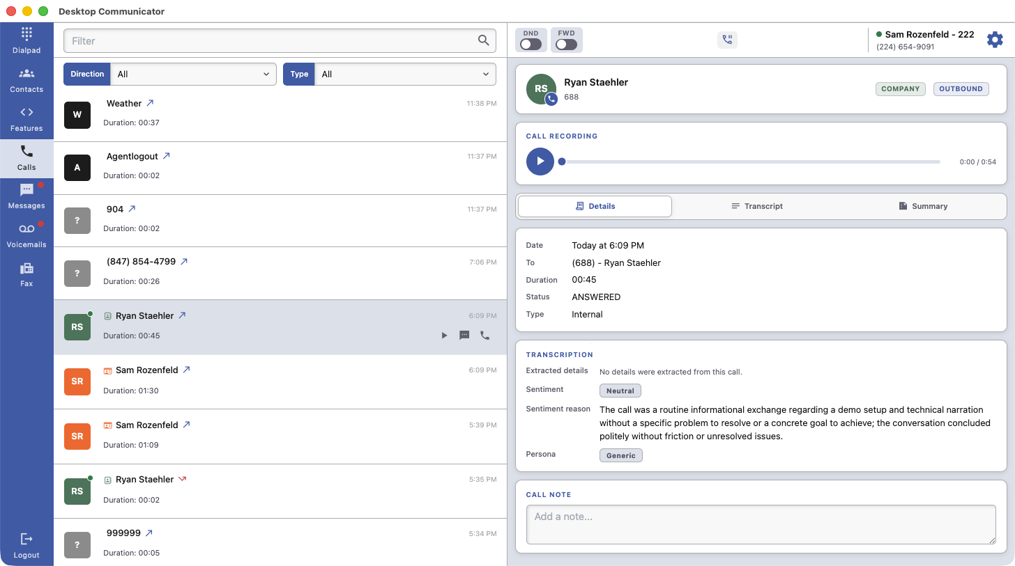 DLS Desktop Communicator showing a call with AI transcription, sentiment analysis and call summary