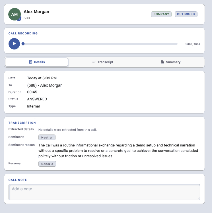 DLS Desktop Communicator call panel with AI transcription and sentiment analysis
