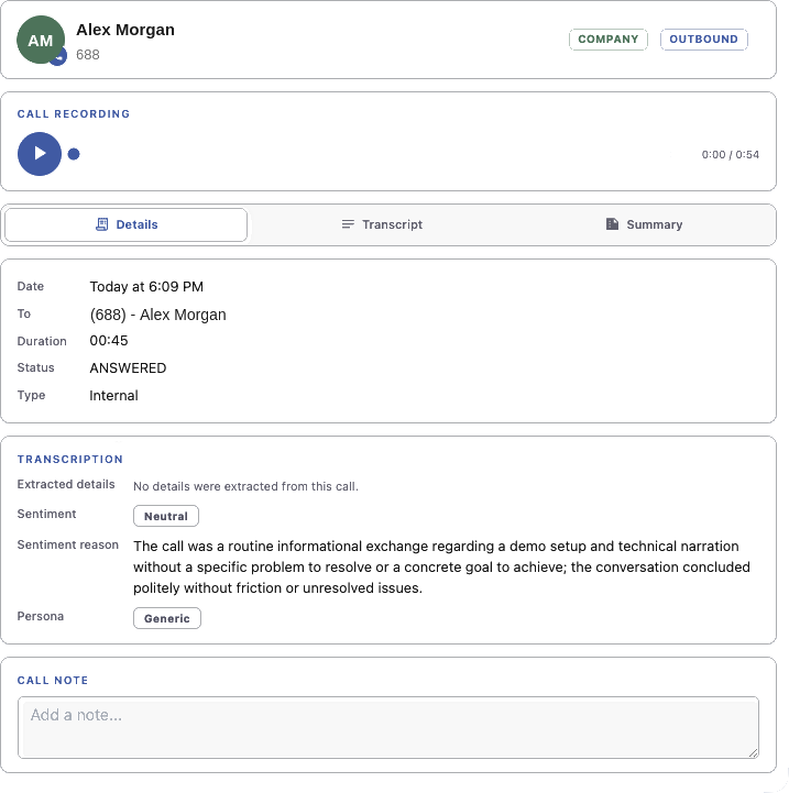 DLS Desktop Communicator call panel with AI transcription and sentiment analysis