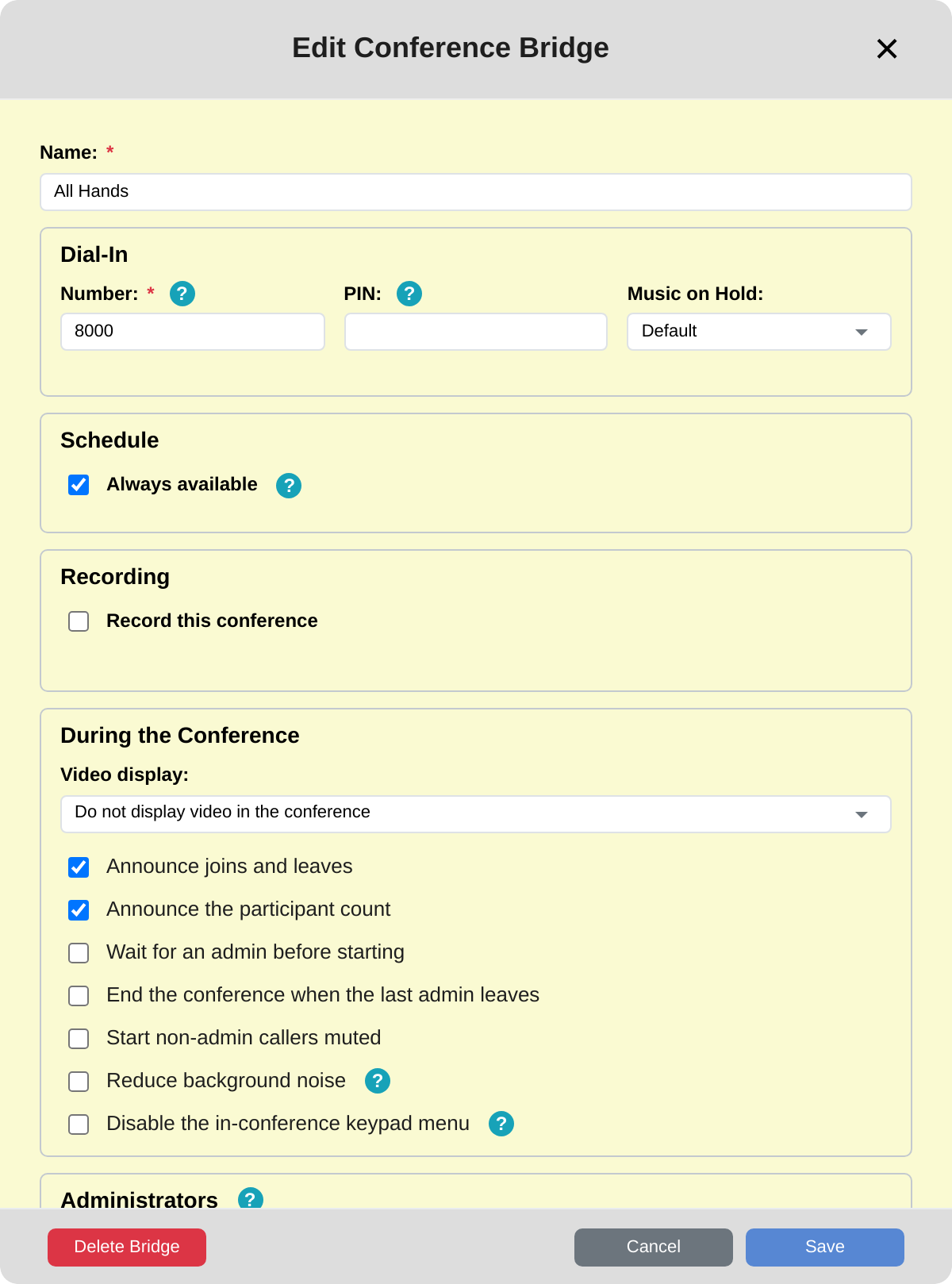 DLS Hosted PBX 6.1 conference bridge editor: dial-in number, PIN, schedule, recording