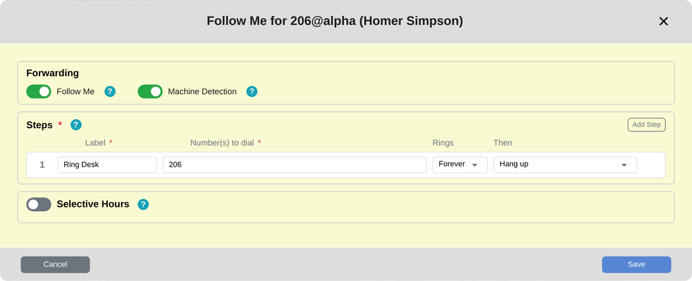 DLS Hosted PBX 6.1 Follow Me editor