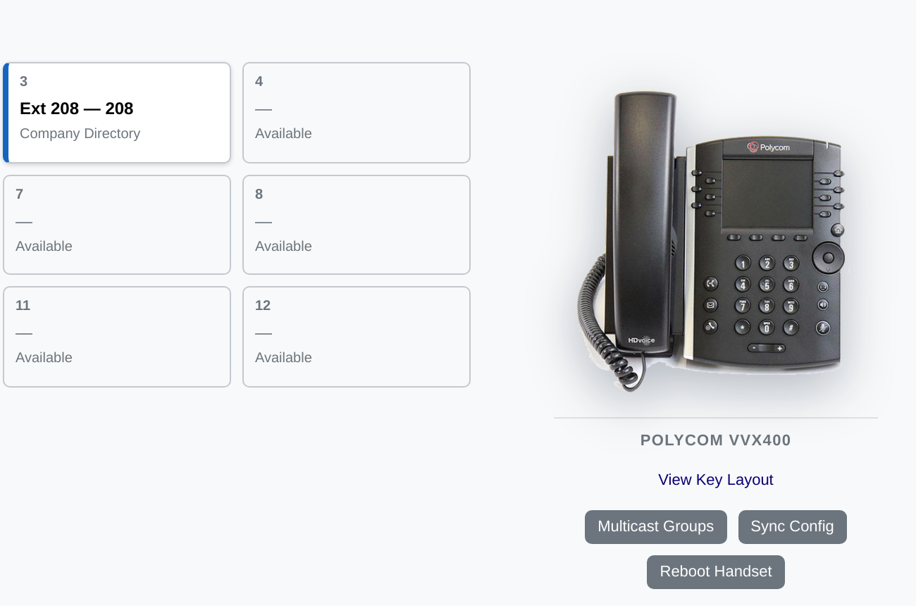 DLS Hosted PBX 6.1 phone-key editor with the handset pictured