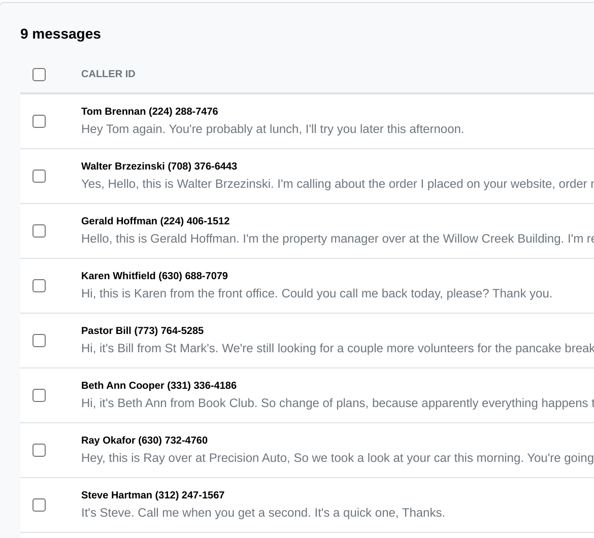 DLS Hosted PBX 6.1 voicemail list with AI transcript previews