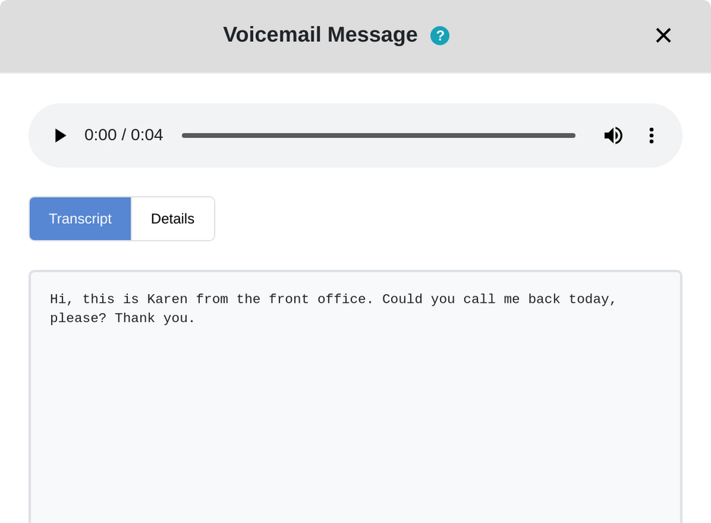 DLS Hosted PBX 6.1 voicemail message with player and full transcript