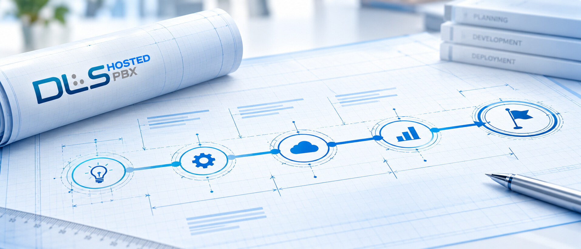 DLS Hosted PBX roadmap drawn as a blueprint: milestones from idea to development, cloud, analytics and launch, with planning, development and deployment binders