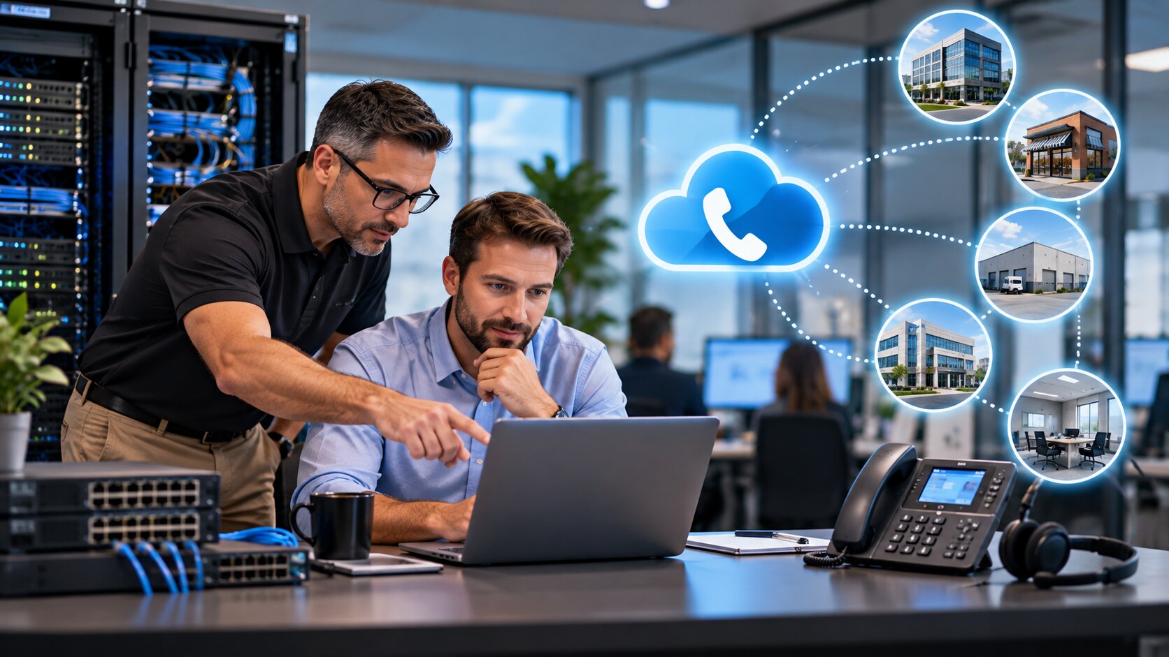 IT consultant and client planning cloud phone service for several business locations