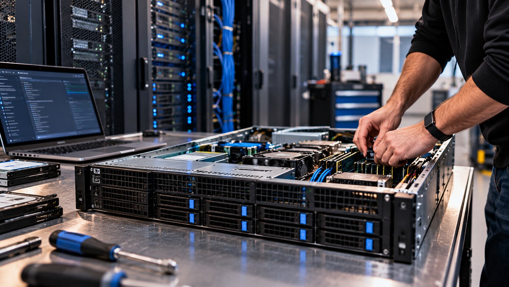 Technician assembling a custom server in a data center